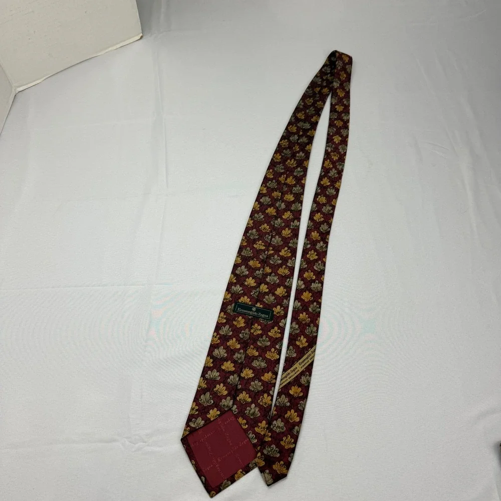 Ermenegildo Zegna Tie Mens OS Burgundy Gold Floral Leaf Silk Italian Designer